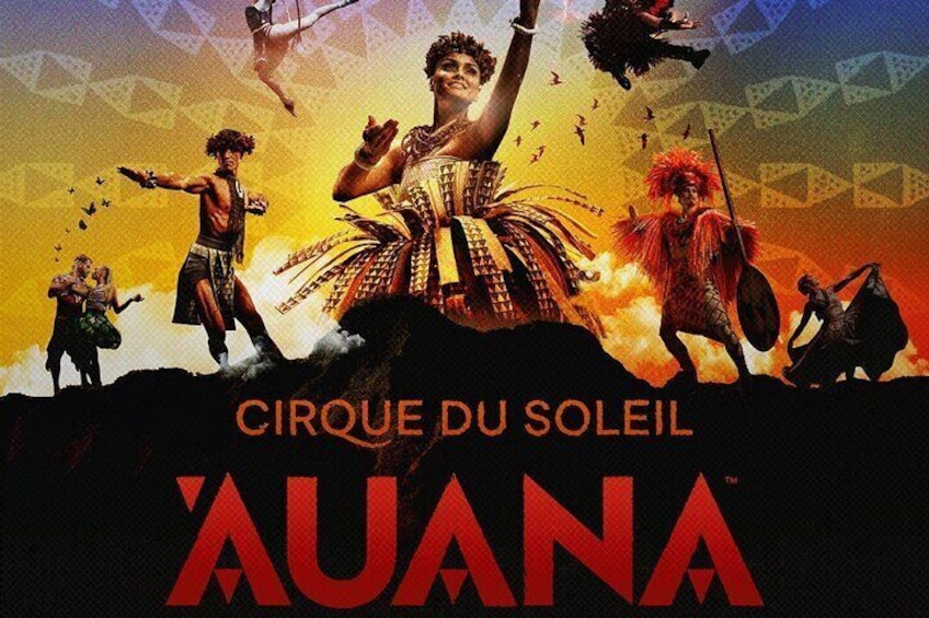 A poster for the movie 'AUANA' with characters in traditional attire, a desert landscape, and a stylized sun in the background. 1