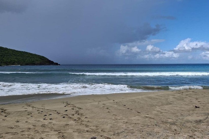 Una playa con olas, orilla arenosa y una colina verde distante. 2