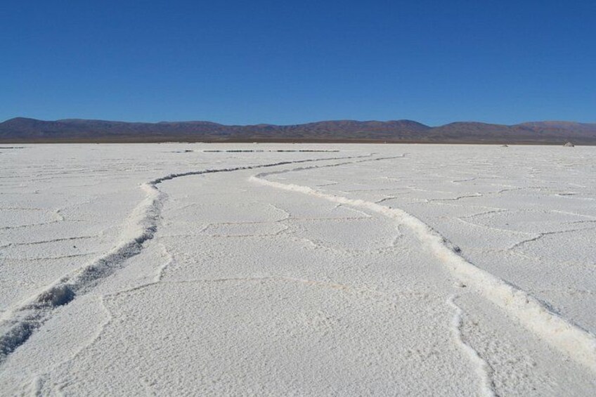 A vast salt flat with tire tracks and distant mountains under a clear blue sky. 2