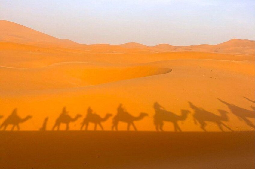A desert landscape with sand dunes and a caravan of camels. 5