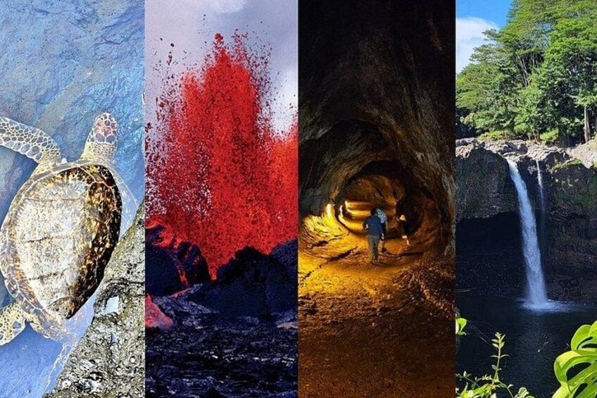 Una tortuga, una cueva con una persona y una cascada. 1