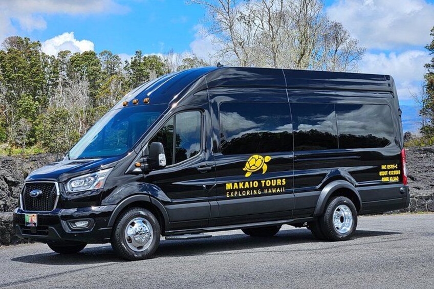 A black van with 'MAKAIO TOURS EXPLORING HAWAII' written on the side, parked on a road with trees and a clear sky in the background. 2