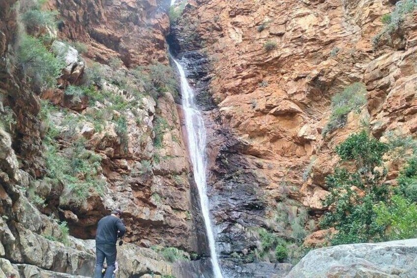 A waterfall cascading down a rocky cliff, surrounded by greenery. 4