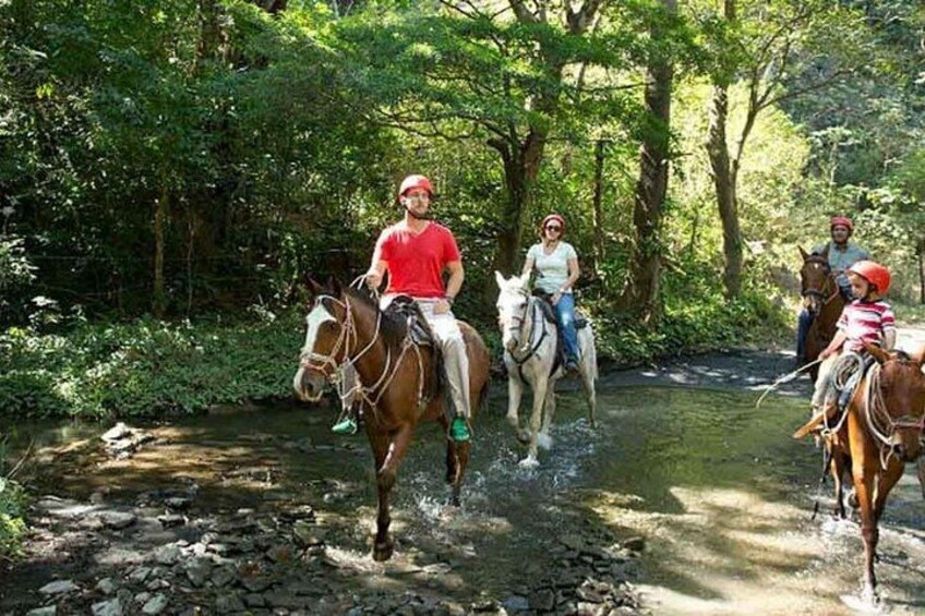 People riding horses along a river path surrounded by dense greenery. 4