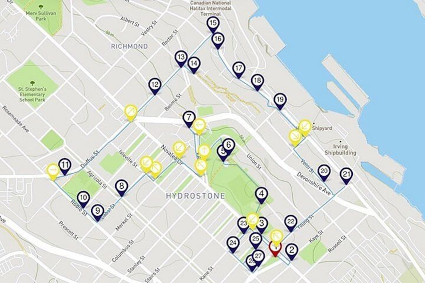 A map with numbered markers indicating locations in Richmond and Halifax. 1