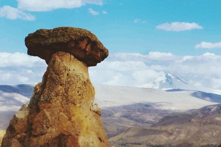 A mushroom-shaped rock formation with a snow-capped mountain in the background. 4