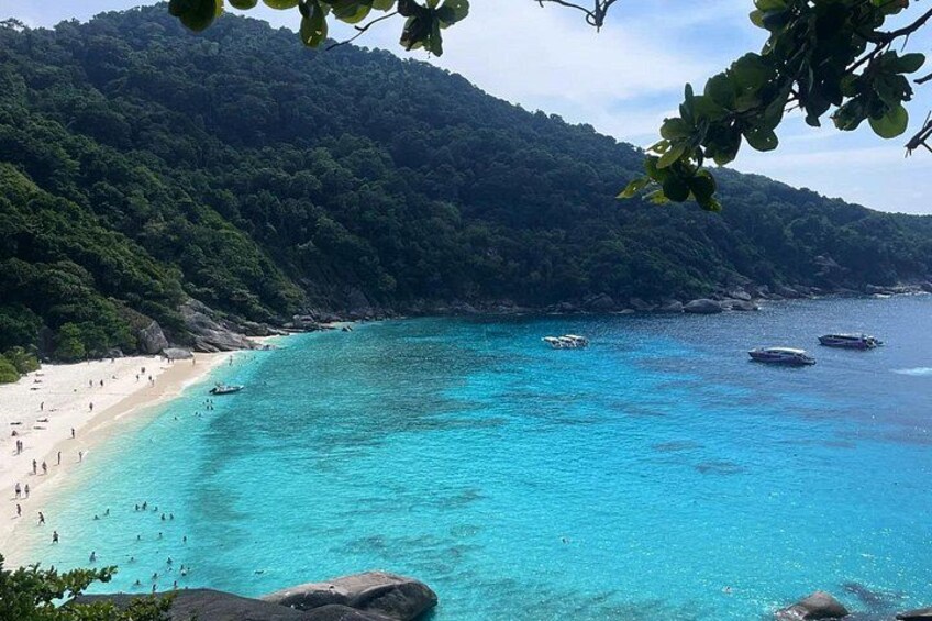 Una playa con agua turquesa cristalina, afloramientos rocosos y una ladera boscosa. 2