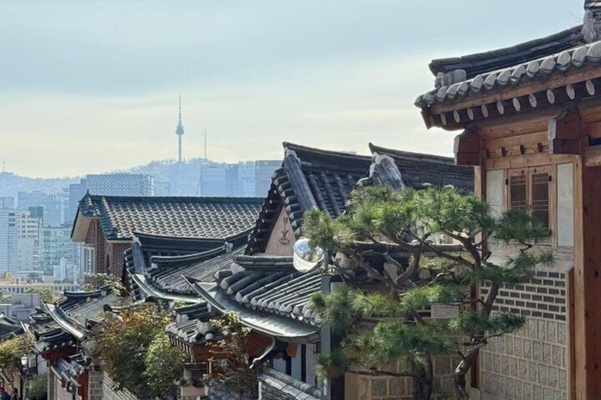 Traditional Korean architecture with tiled roofs and a pine tree in the foreground. 5