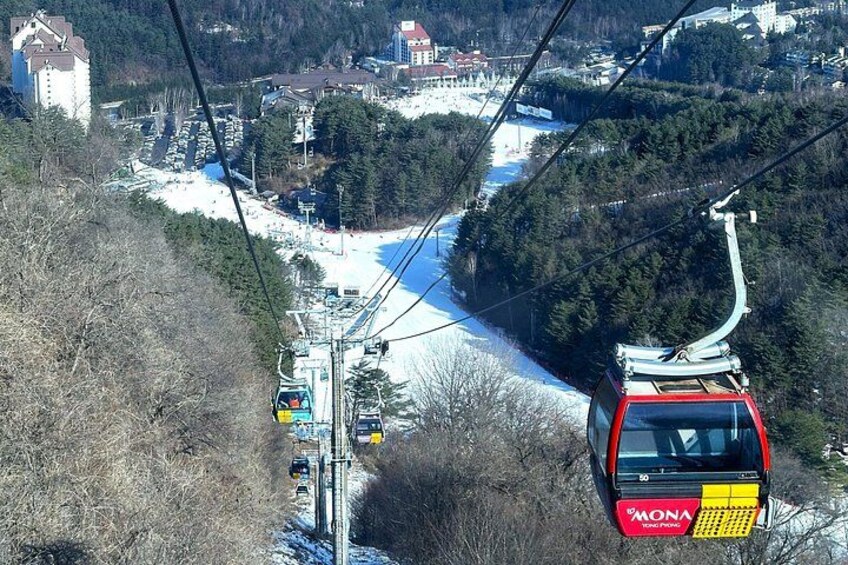 A cable car system with a red cable car labeled 'MONA' and a blue cable car in a mountainous area with a river and buildings in the background. 4