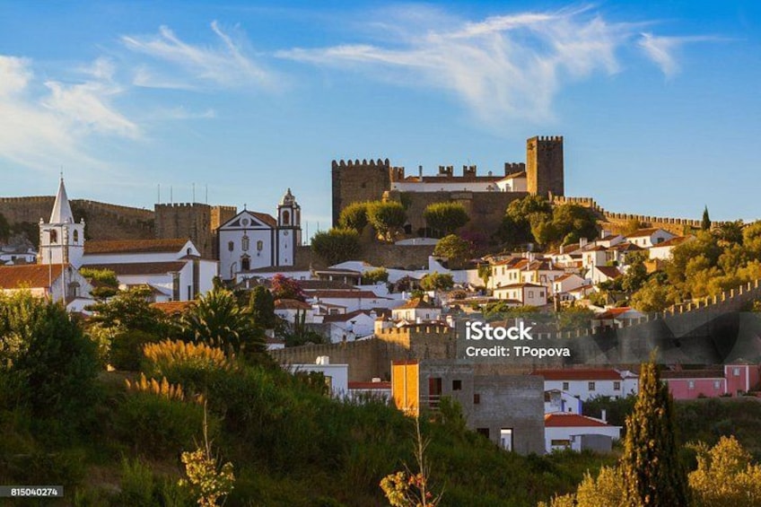 A historic town with a prominent castle on a hill, surrounded by lush greenery and traditional buildings. 2