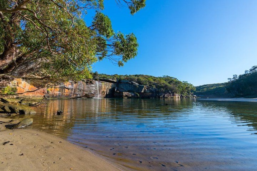 En stilla flod med klart vatten, en sandstrand och klippiga branter med frodig vegetation. 4