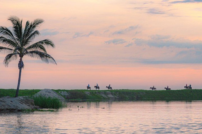 A sunset over a water body with a palm tree and people on horseback. 2