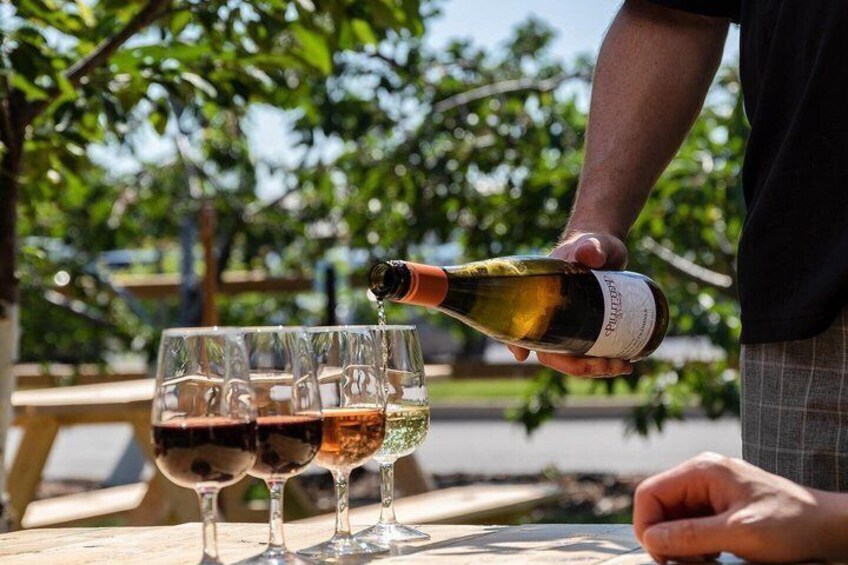 Una persona sirve vino en copas sobre una mesa al aire libre. 4