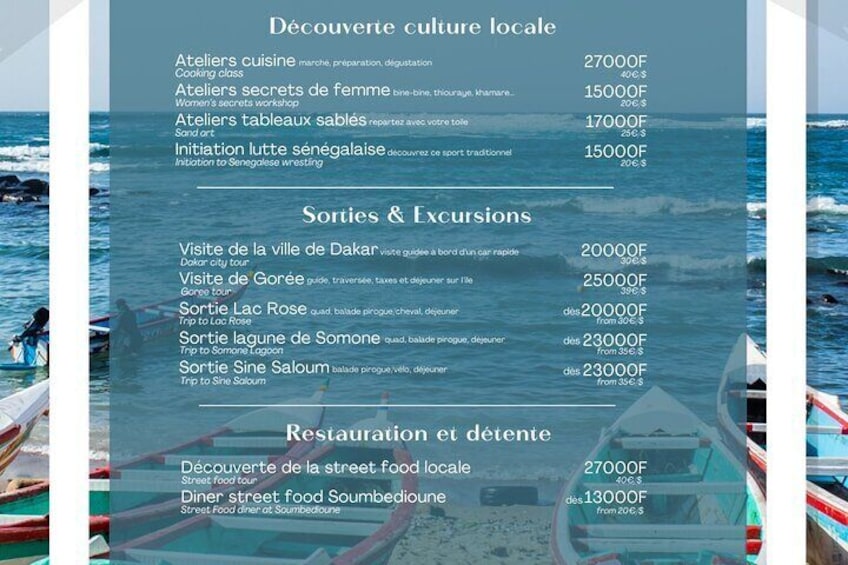 Eine Reisebroschüre mit Aktivitäten wie Kochkursen, Workshops und Führungen in Dakar, einschließlich Preise. 2