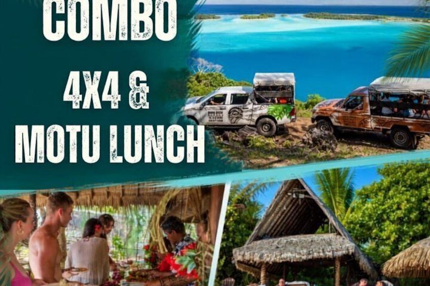 Una playa tropical con aguas azules cristalinas, una cabaña de techo de paja y un vehículo 4x4. 2