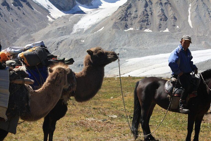 A person riding a horse with a camel beside them in a mountainous area with snow. 5