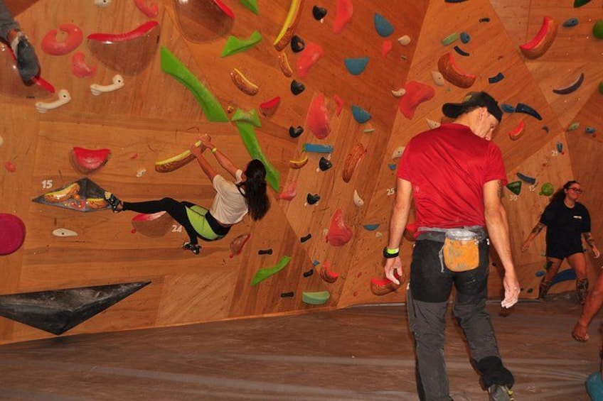 Una persona arrampica su una parete rocciosa artificiale in legno, con diverse prese. 1