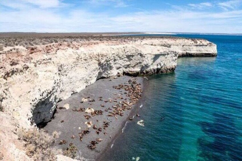 A coastal cliff with a rocky beach and clear blue sea. 1