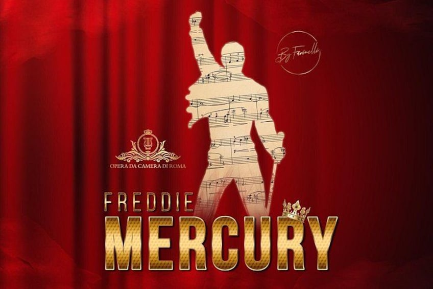 Un fondo rojo con la silueta de una persona sosteniendo un micrófono, y el texto 'Freddie Mercury' y 'Mercury' mostrados de forma destacada. 4