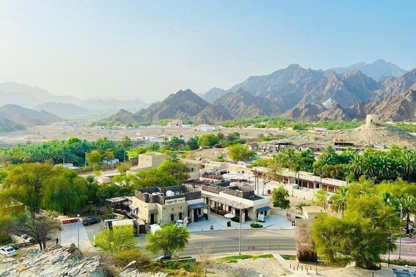 A town with buildings, trees, and mountains in the background. 4