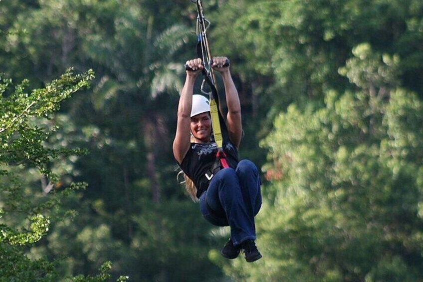 En person som åker på en zipline genom en skog. 5
