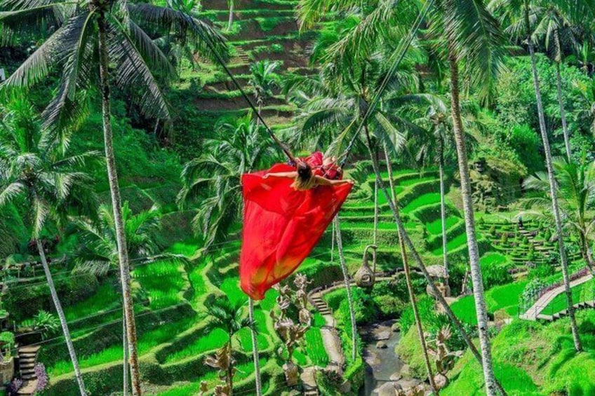 Een rode paraplu hangt aan een boom, te midden van weelderige groene terrassen en palmbomen. 2