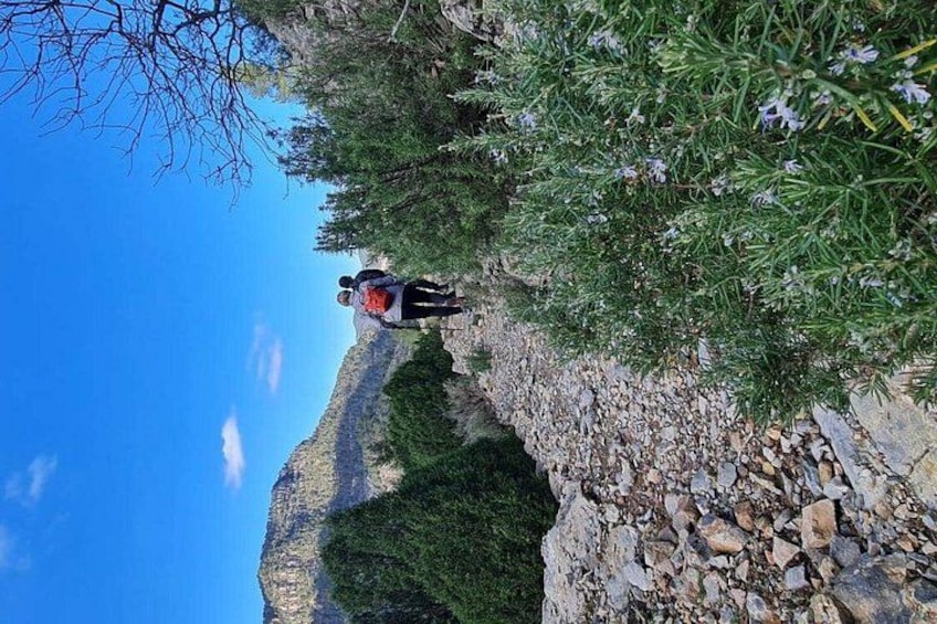A person hiking on a rocky trail with a mountainous landscape in the background. 3