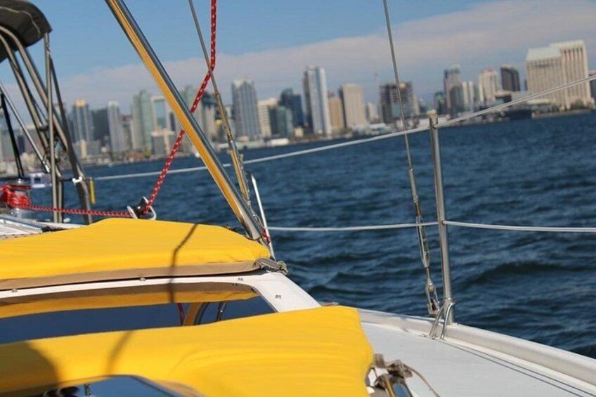 Our yellow cushions on our sailing yatch overlooking downtown San Diego 2
