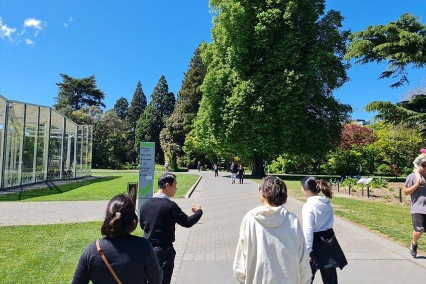 Un grupo de personas caminando por un sendero pavimentado en un parque con árboles y una estructura de vidrio. 3