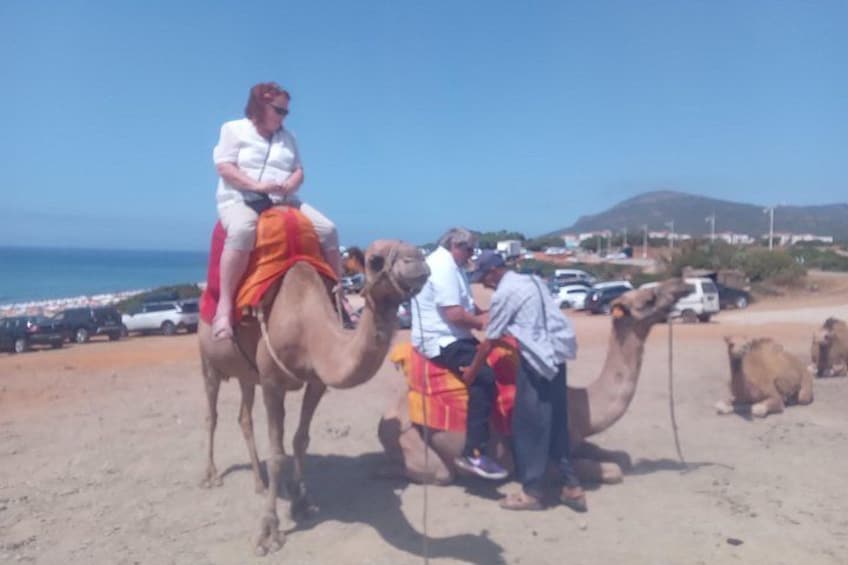 A beach with people riding camels. 2