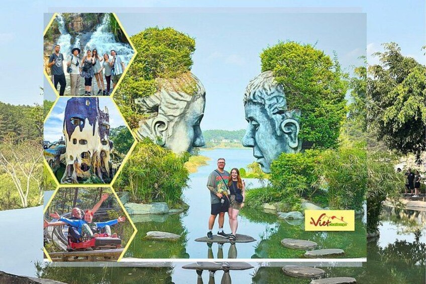 A scenic outdoor area with a waterfall, a statue, and a person standing on a platform. 1