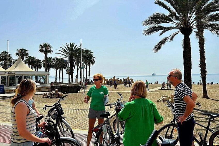 A beach with people, bicycles, and palm trees. 4