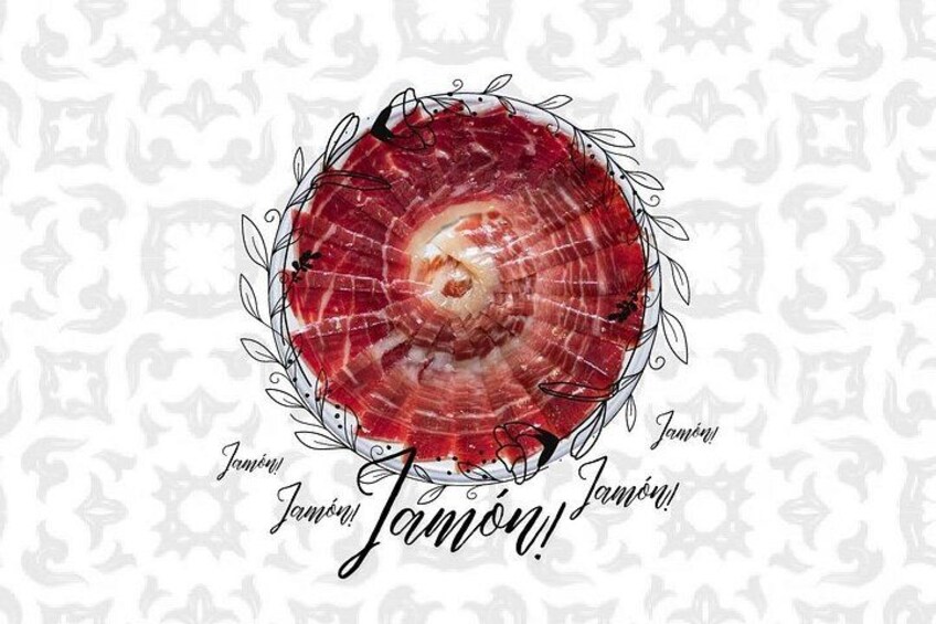 Ett rött, runt föremål med ett hål i mitten, omgivet av en dekorativ kant där ordet ”Jamón” upprepas runt om. 2