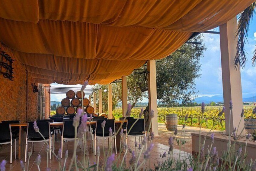 An outdoor dining area with a table set for two, surrounded by a pergola with a draped canopy. 1