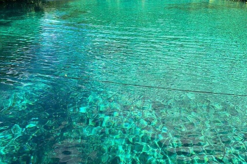 A clear blue pool with visible underwater rocks and a cable running across the surface. 1