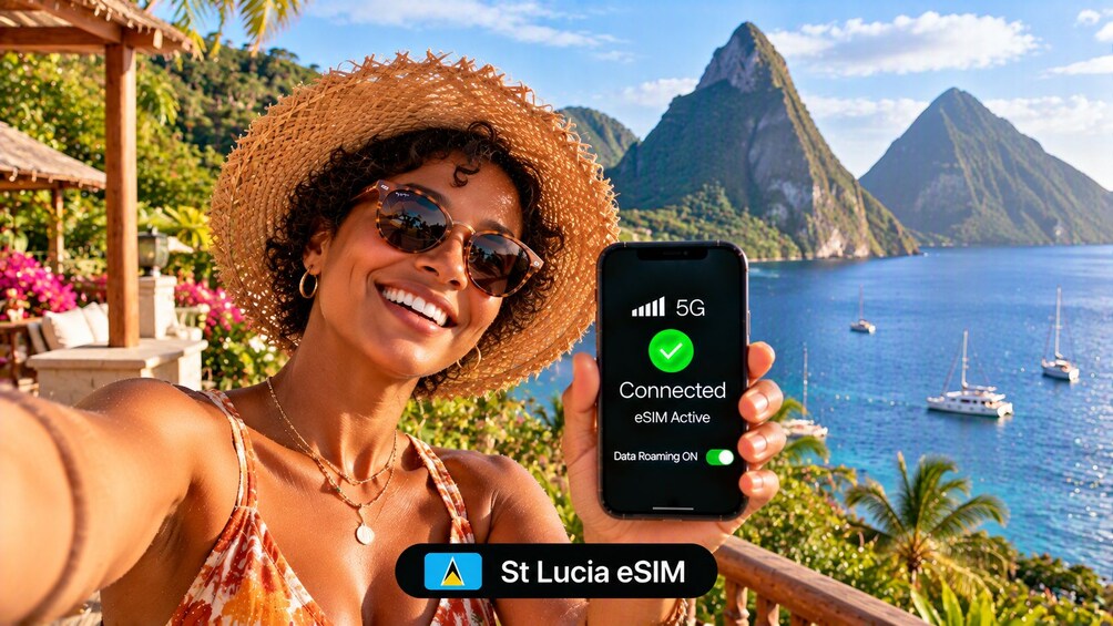 A person holding a smartphone displaying a 5G connection and eSIM activation. 1