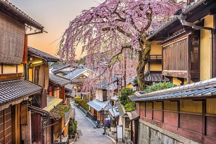 A traditional Japanese street with cherry blossoms, wooden houses, and a narrow pathway. 2