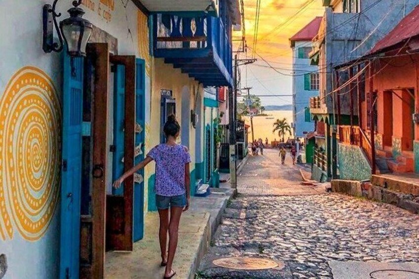 A narrow street with colorful buildings, a cobblestone path, and a person walking. 4