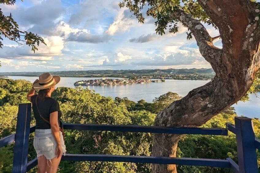A person overlooking a lake with a tree and railing in the foreground. 3