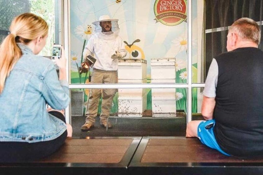 A person in a bee suit interacting with a bee hive, with a person taking a photo. 3