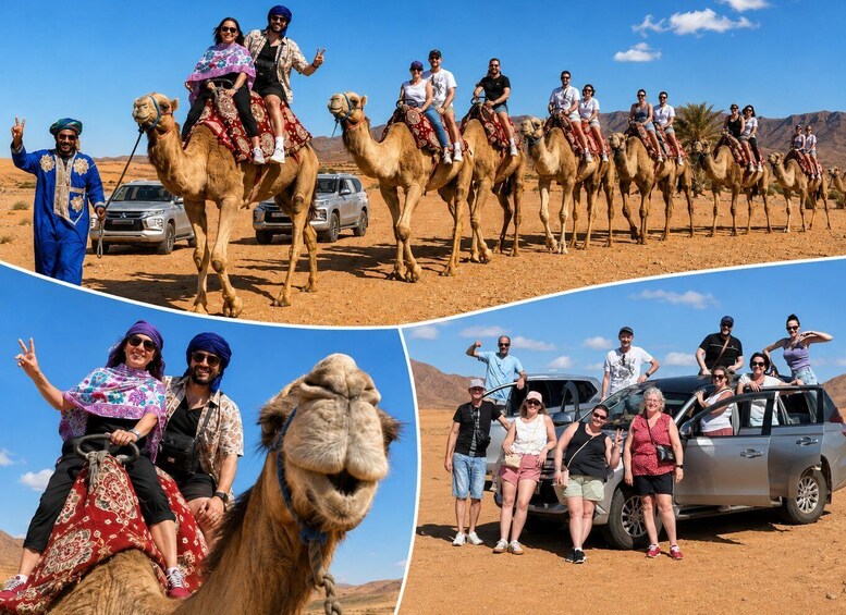 A group of people riding camels in a desert, with a car parked nearby. 1