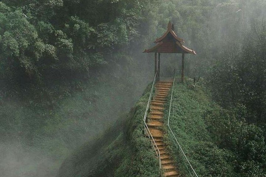 A wooden staircase leading to a traditional wooden gazebo in a forested area. 4