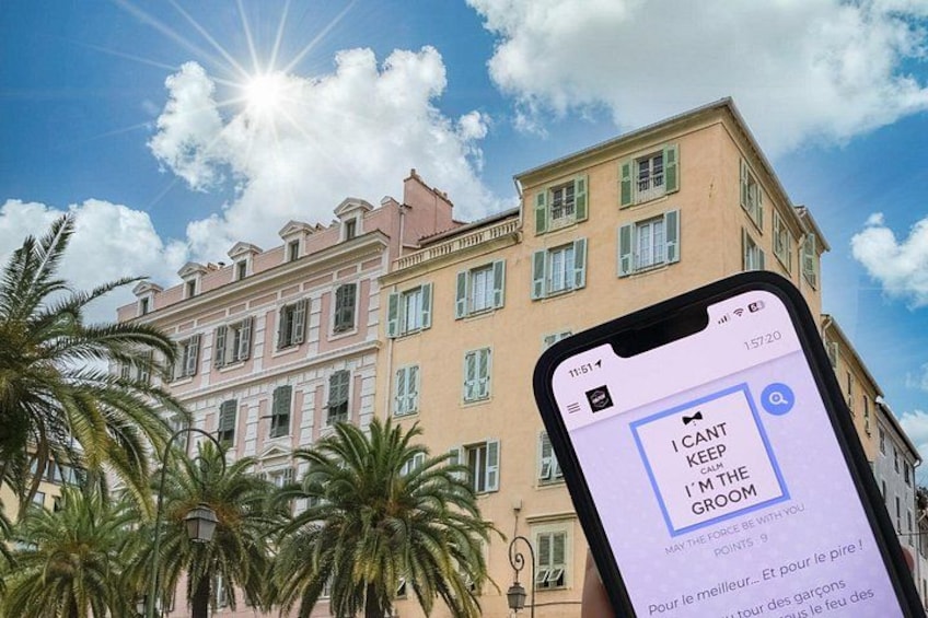 Un teléfono inteligente muestra una letra de canción con un edificio histórico al fondo. 2