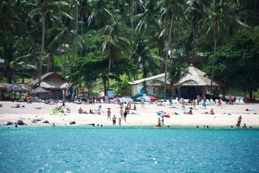 A beach with people sunbathing and swimming, surrounded by palm trees and beach huts. 5