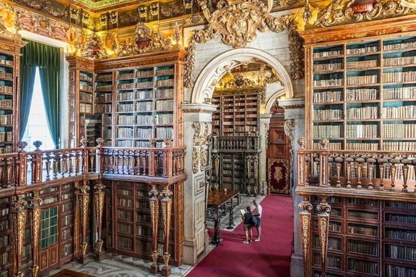 Una biblioteca decorata con scaffali alti, un tappeto rosso e finiture in legno elaborate. 2