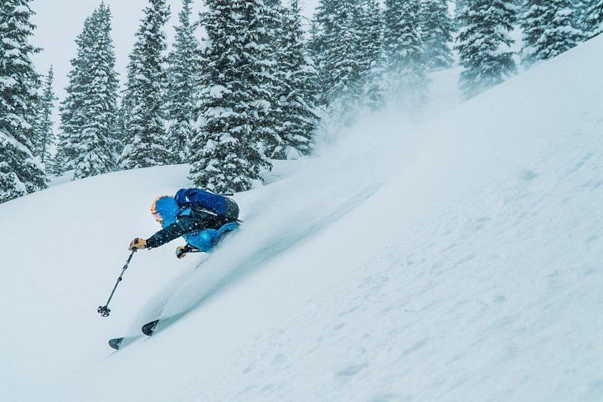 A person skiing down a snowy slope with trees in the background. 1