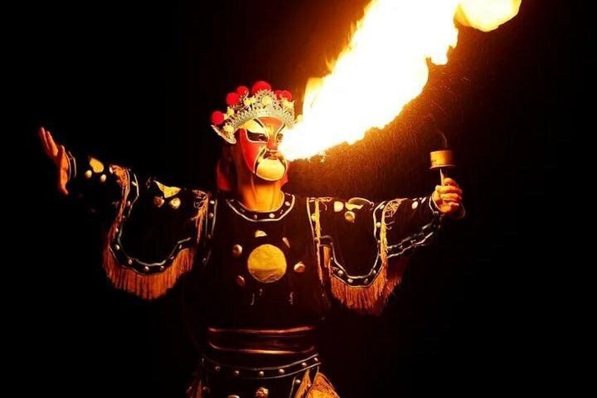 A performer in a costume with a large circular emblem, holding a flaming torch. 3