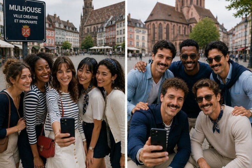 A group of people taking a selfie in a European town square with historic buildings and a church in the background. 1