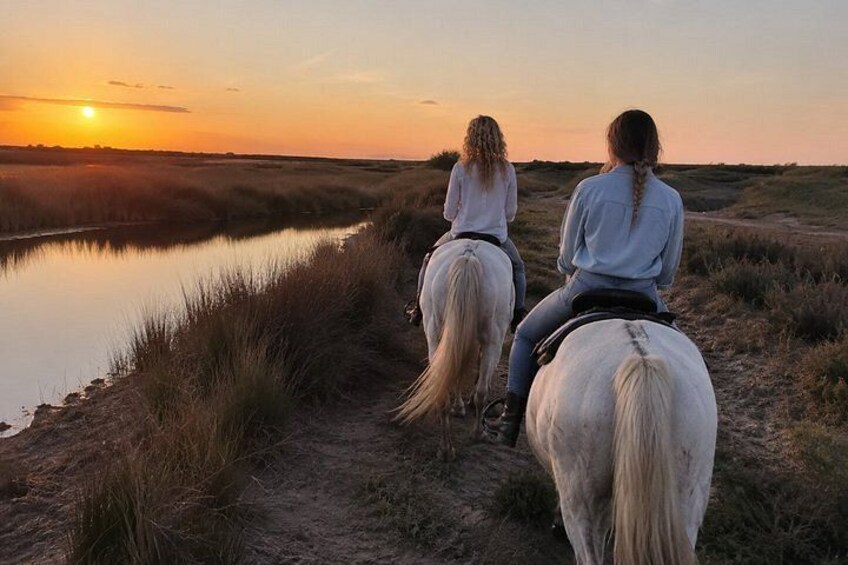Two people riding horses along a riverbank during sunset. 4