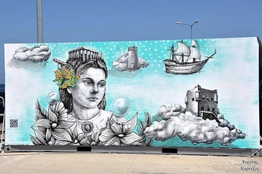 A mural with a castle, a ship, clouds, and flowers. 4
